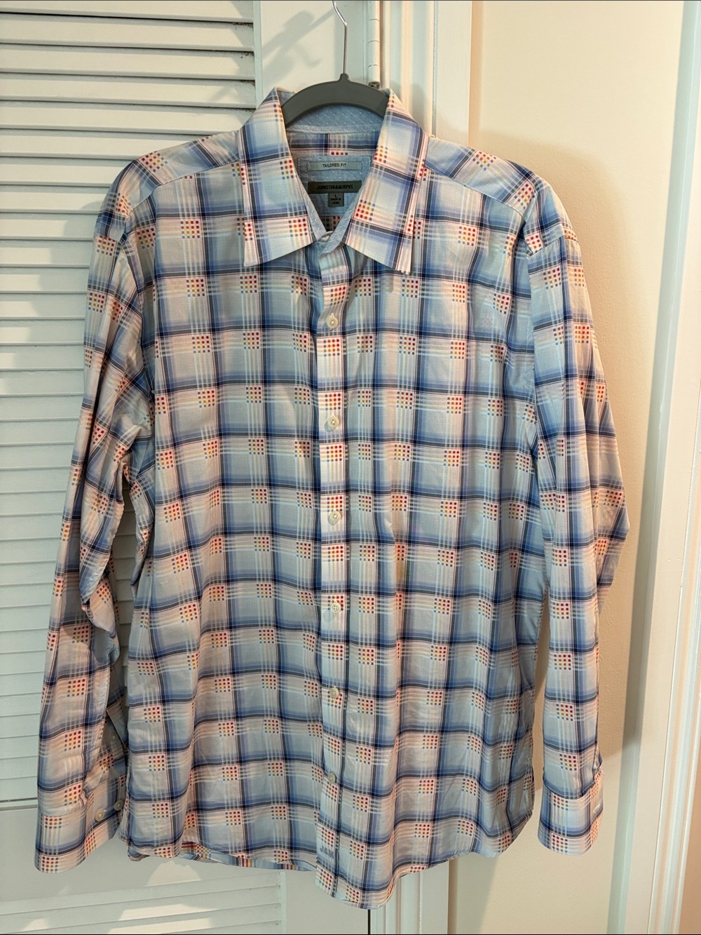 Johnston & Murphy Blue Plaid Button-Down Shirt with Orange Accents